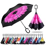 Jooayou Doppellagigem Reverse Regenschirm, Umkehren Taschenschirm Winddicht UV-Schutz Schirm, Selbst Stehend Stockschirme Mit C-förmigem Griff,Tragetasche mit Schultergurten (Perilla)