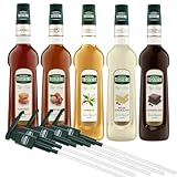 Mathieu Teisseire SET Café 5+5-5x Kaffee Sirup + 5x Pumpen - Karamell, Vanille, Schokolade, Haselnuss, Weisse Schokolade (5x 0,7l)
