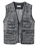 Yukirtiq Herren Jeansweste Kutte Armellos Jeansjacke mit Multi-Taschen Denim Anglerweste Jeans Bikerweste ohne Kragen Motorrad Weste für Männer, Holzkohle, XL