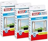 tesa Insect Stop STANDARD Fliegengitter für Fenster im 3er Pack - Insektenschutz zuschneidbar - Mückenschutz ohne Bohren - 3 x Fliegen Netz anthrazit - 130 cm x 150 cm