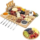 Kicinn Servierplatte aus Bambus – 35 x 28 cm Käseplatte Set mit 2 Dip-Schälchen, 4 Käsemessern, 6 Gabeln & runder Mini-Servierplatte – robust & nachhaltig, ideal für Käse & Snacks