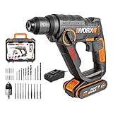 Worx 20V Akku-Bohrhammer WX390.4, PowerShare, 3-in-1-Bohrmaschine, Schrauber und Hammer mit 30-teiligem Zubehörset, LED-Licht, tragbar und leicht, mit Akku und Ladegerät