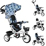 HOMCOM 6 in 1 Trike für Kleinkinder, Baby Push Tricycle Klapprad mit Elterngriff, umkehrbarer Sitz, Aufbewahrungskorb, Verdeck, 5-Punkt-Sicherheitsgurt, für Kinder 1-5 Jahre, hellblau