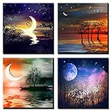 Ohok Premium Leinwandbilder Kunstdruck Bilder 30x30cm, Leinwanddruck Bilder 4er-Set Wandkunst Dekor Bild mit Holzrahmen Wandbilder für Schlafzimmer Büro Home Dekorationen (Mond/See)