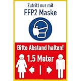 1x Schild FFP2 Maskenpflicht Schilder Abstand Halten FFP2 Mund- und Nasenschutz tragen Hinweis 1,5 Meter Abstand halten Motiv Maske Hinweisschild Gelb 300x200x3 mm Hartschaumplatte