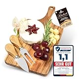 VANEJA Premium Käsebrett, Schneidebrett aus Holz, 28 x 14 x 1,6 cm, Käsebrett mit Messer Käseschaber Käseplatte aus Holz Holzplatte Käse Cheese Board Set Charcuterie Board inkl. kostenlosem e-Book