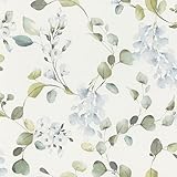 Rasch home style Tapete 285789 - Helle Papiertapete mit Eukalyptus und blauen Pflanzen in Aquarelloptik - 10,05m x 0,53m