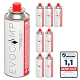 EVOCAMP 8x Stück Butan Gaskartuschen 227g Typ MSF-1a Bajonett Ventil ideal für Campingkocher, Gasheizung, Unkrautbrenner, Camping Gas Butangas Kartusche, Universaldruckgasdose für Camping und BBQ
