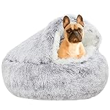 YUDANSI Überdachtes Hundebett 65 cm, Katzenhöhle Donut-Bett, Plüsch-Kunstfell-Nest, Flauschiges Rundes Hundekissen, Hundesofa, Katzenbett für Kleine Mittelgroße Hunde