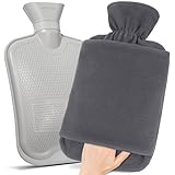 MUPAS Wärmflasche mit Vliesbezug –2L Große Auslaufsicher Bettflasche –Weicher Wärmflaschen mit Känguru Tasche –Hot Water Bag für Kinder & Erwachsene (Grau)