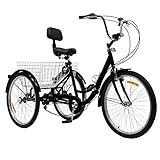 CHERIPOLI 24 Zoll 3 Räder Fahrrad Bike 7 Gang, Adult Fahrrad, Erwachsenendreirad, Dreirad für Erwachsene, Mit LED Licht und Gemüsekorb (schwarz)