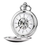 TREEWETO Unisex Taschenuhr mit Kette Analog Handaufzug Retro Skelett Hochglanz Poliert Silber