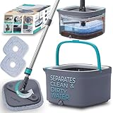 True & Tidy, Echt sauber Schleudermopp- und Eimersystem, inkl. Schleudermopp, Moppeimer mit Zwei Fächern und 2 dicken, waschbaren Mikrofaser-Mopppads, SPIN-800A, grau