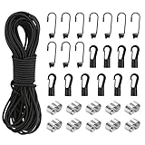 Farerkass Gummiseil 15m, Expanderseil 6mm 15m, Gummischnur mit 10 Spiralhaken, 10 Würgeklemmen, 10 Kunststoffhaken, Elastisches Gummikordel Gummischnur für Anhängerplane, Camping, Segeln Planenseil