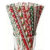 Weihnachts-Papierstrohhalme,100 Stück Strohhalme papier, Verschiedene Muster (Gestreift und Weihnachtsbaum), Geeignet Für Weihnachten, Festliche Warteschlange, Ehe