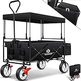 KESSER® Bollerwagen faltbar mit Dach Handwagen Transportkarre Gerätewagen inkl. 2 Netztaschen, Cover und Einer Außentasche | Vorderrad-Bremse | klappbar Vollgummi-Reifen bis 100 kg Tragkraft Schwarz