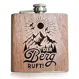 Der Berg ruft Flachmann Holz mit Gravur. Geschenk Ski fahren Flachmann Wandern Accessoires für Gipfelstürmer