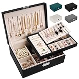 LUZOON Schmuckschatulle Schmuckkästchen für Damen, 2 Schich Schmuckaufbewahrung Mädchen Schmuckkasten Schmuckbox PU Leder Schmuck Groß für Ringe, Ohrringe, Halskette - Schwarz