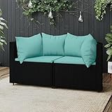 Makastle Modular Gartensofa 2-Sitzer Lounge Sofa mit Kissen, Garten Ecksofa Gartengarnitur Gartenstuhl, Klein Sitzgruppe Gartenlounge Sofa Balkonmöbel, Schwarz Poly Rattan