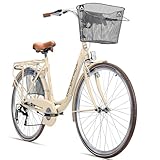 Bergsteiger Paris 26,28 Zoll Damenfahrrad, ab 140 cm, Korb, Fahrrad-Licht, 6 Gang-Schaltung, Damen-Citybike, Damenrad im Retro-Design