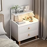 FUKEFUZ Nachttisch mit Zwei Schubladen für Schlafzimmer, viel Stauraum, höherer Ablagetisch, nightstand Griffen aus Massivholz, abgerundete Kanten, Beistelltische, ideal für Wohnzimmer(Weiß,MDF)