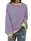 Timuspo Gestreifter Sport Pullover Damen Gestreiftes Pink Sweatshirt Rundhals Langarmshirt Rosa Bequeme Dünne Ohne Kapuze Teenager Oversize Streifenshirt L