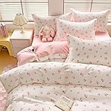 Covebett Bettwäsche 135x200 Weiß mit Rosa Blümchen Blumen Botanisch Muster Wendebettwäsche Set Aesthetic Blüten Blumenwiese Pflanzenmuster Bettbezug Reißverschluss und Kissenbezug 80x80cm