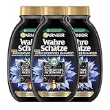 Garnier Wahre Schätze Ausgleichendes Shampoo, Formel mit Aktivkohle und Schwarzkümmelöl, für schnell fettende Kopfhaut und trockene Haarlängen, 3 x 250 ml