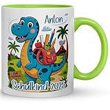 Personalisierte Dino-Tasse zur Einschulung 2025 – Geschenk mit Name – Schulkind-Tasse für Jungen und Mädchen – Kindergarten- & Schulstart-Geschenk – 330ml Keramiktasse, Farbe: Hellgrün