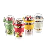 SUMELA Müslibecher to Go mit Löffel 600 ML Set of 4, %100 BPA-FREI Praktischer Joghurtbecher to Go,Perfekt für Schule und Büro, Wiederverwendbarer Müsli to Go Becher zum Frühstück, Obstbehälter