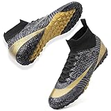 VTASQ Fußballschuhe Herren High Top TF Kunstrasen Fussballschuhe Kinder Jungen Trainingsschuhe Professionelle Athletics Outdoor Sport Turf Football Schuhe Unisex Schwarz/Gold 37 EU