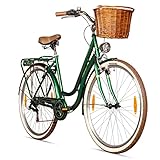 Bergsteiger Marseille 26 Zoll Damenfahrrad, ab 150 cm, Korb aus Rattan, Fahrrad-Licht, Damen-Citybike, Damenrad im Retro-Design«, 6 Gang Shimano Tourney Schaltung, Kettenschaltung