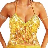 Evlry Pailletten-Tanztop, Neckholder-Top mit Goldener Quaste, glitzerndes Bra-Top, Bauchfreies Top für Rave-Partys und Clubs für Frauen und Mädchen