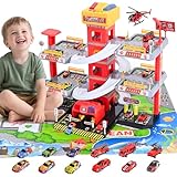 5 Stockwerke Parkgarage für Kinder, Spielzeug Parkhaus mit 12 Autos und 1 Hubschrauber, Feuerwehrauto Spielzeug mit Aufzug, Licht & Sound,Geschenke für Kinder 3 4 5 6 7 8 9 Jahren