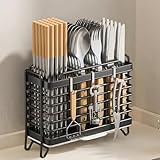 Besteckhalter, Küchenutensilienhalter Besteckkorb, Wandmontiert Traceless Sticker Kohlenstoffstahl Besteck Abtropfbehälter Behälter für Besteck und Küchenhelfer (Schwarz)