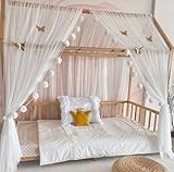 Baby Fancyroom Hausbett Himmel Ecru/Creme Betthimmel Deko Set Kinderzimmer Kinderbett Baldachin Pompongirlande aus Premium Tüll für Hausbetten (380cm, mit 5 goldenen Schmetterlingen)