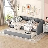 Kehun Kinderbett Polsterbett 90x200 cm, Schlafsofa Tagesbett mit Ausziehbares Rollbett, Sofabett Jugendbett mit Lattenrost aus Holz, Gästebett für Wohnzimmer Schlafzimmer, Leinen, Grau, Ohne Matratze