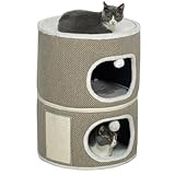 PawHut Kratztonne, Kratzbaum mit Spielbällen, 69 cm hoch Katzenturm mit 2 Höhle, Katzentonne aus Sisal, für Katze bis 6 kg, Kaffeebraun+Cremeweiß