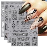 JMEOWIO 3D Nagelsticker Schwarz Weiß Blume Nail Art Sticker Selbstklebend Nagelaufkleber 5D Stereoskopisch Blumen Dekoration Nageldesign Zubehör 4 Blatt