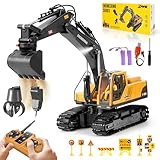 Charmofun 3-in-1 Ferngesteuerter Bagger, 2,4GHz RC Bagger Spielzeug mit DREI Metallköpfen, 680° Drehbarer Radlader mit Lichtern & Musik, Geschenk Ab 3-12 Jahre