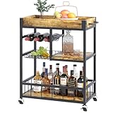 Huhote Servierwagen, Küchenwagen mit Weinregal, Barwagen, Getränkewagen, Rollwagen mit Rollen, Weinwagen für Esszimmer, Küche, Wohnzimmer, Bar, Party, Braun Holzmaserung