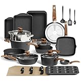 DishDelight Induktion Töpfe Set 30-teiliges Antihaft Topfset und Pfannen Set Kochgeschirr Set Granitbeschichtung Schwarz Cookware Kochtopf Bratpfanne mit Glasdeckeln