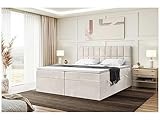 MEBLINI Boxspringbett mit Bettkasten - Gepolstert Doppelbett mit Matratze und Topper - Polsterbett mit Stauraum - Bett mit Kopfteil - Stauraumbett - Lukas - 160x200 - H3/Beige Samt