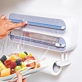 3 in 1 Frischhaltefolienspender mit Cutter, Küchenrollenhalterung mit Alufolienspender und Frischhalte, Fach Schneidabroller für Küchenrolle, Alufolie, Frischhaltefolie