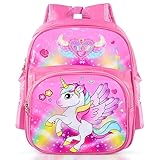 Kinderrucksack Mädchen und Jungen,Einhorn Rucksack,Schulrucksack Einhorn,Cartoon Druck Schultasche, Mit Brustgurt Und Fächern,Wasserdichter Backpack Rosa,Freizeitrucksack für Lernreisen (Rosa Small)