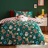 Catherine Lansfield Wende-Bettwäsche-Set mit Kissenbezug, Motiv: Weihnachtssymbole, Grün