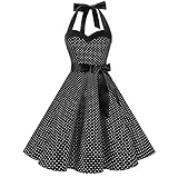 Rockabilly Kleider Damen 50s Vintage 50er Jahre Retro Petticoat Kleid Neckholder Polka Dot Sommer Swing Pettycoatkleider Festlich Partykleid Coctailkleid Kurz Ballkleid Abendkleid A#Schwarz M