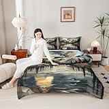 Lake House Kinder-Bettwäsche-Set, King-Size, Kiefernbäume, Berg, natürlich, rustikal, für Mädchen und Jungen, Raumdekoration, wildes Abenteuer, geometrische abstrakte Steppdecke, Bauernhaus-Bettdecke