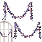 Patriotische Girlande, patriotische gedrehte rot-weiß-blaue Sterngirlande, 2 x Feiertagsdekorationen, hängende Parade-Ornamente, glitzerndes glänzendes Lametta für Gedenktag