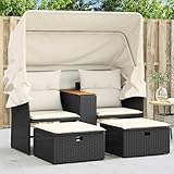 Gartensofa 2-Sitzer mit Dach und Hockern Schwarz Poly Rattan, Rattan-Sofa Set, Outdoor Lounge for Family and Friends